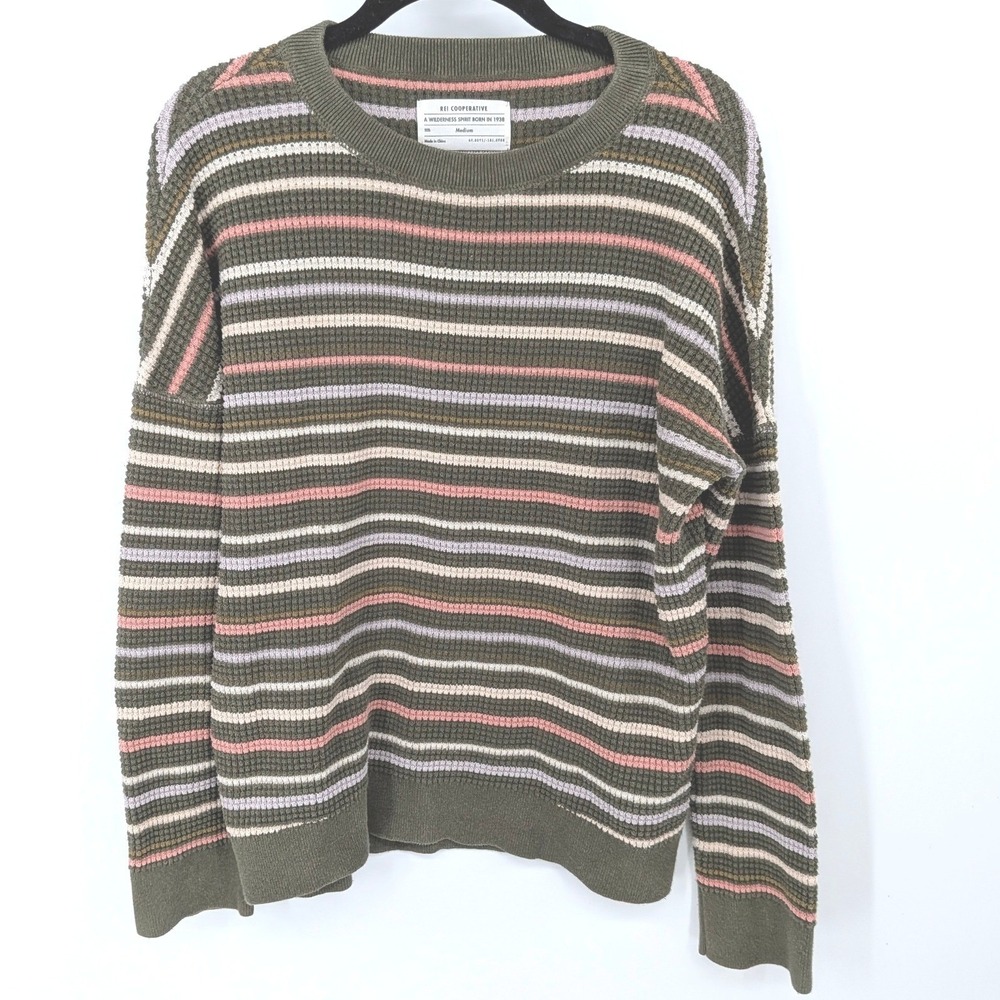 REI Co-op Top Women Medium Green Striped Waffle Knit Cotton Crewneck Gorpcore